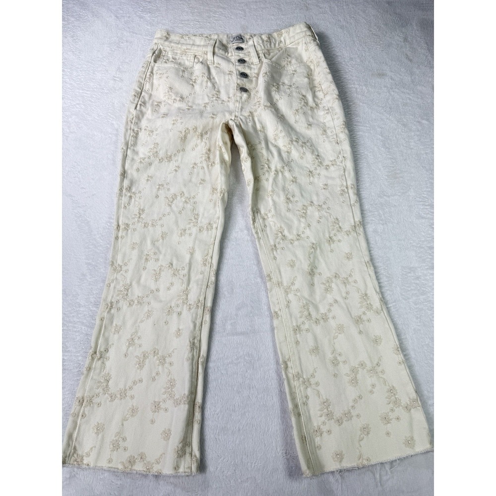 J. Crew Denim Billie Demi Boot Crop Jeans Women's 27 Cream Embroidered Cotton
